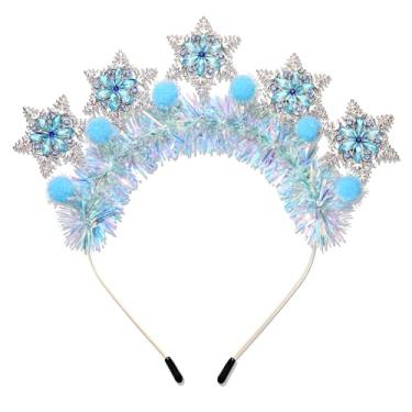 Imagem de HSWE Tiara de Natal com coroa de floco de neve de cristal, faixa de cabelo vermelha, verde, bengala doce, pirulito, presentes de festa de Natal (faixa de cabeça de floco de neve azul tinsel)