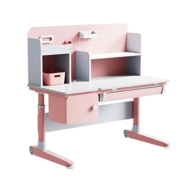 Imagem de Mesa infantil com armazenamento, altura ajustável, ergonômica, inclinável, mesa de estudo, mesa de desenho, estação de computador, prateleira embutida, multifuncional, rosa