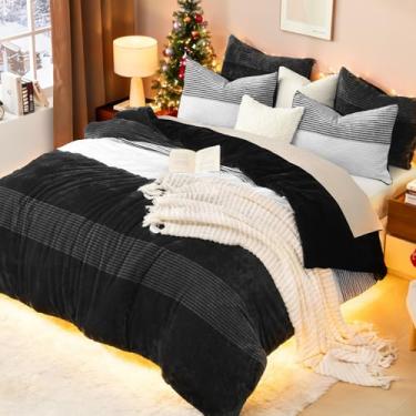 Imagem de Litanika Conjunto de edredom casal, luxuoso, macio, felpudo, felpudo, listrado, preto e branco, conjunto de cama de pele sintética quente para todas as estações (1 edredom, 2 fronhas)