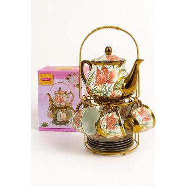 Imagem de Conjunto de Chá e Café em Porcelana Luxo Floral Dourado 13 Peças com Bule, Xícaras e Suporte | Mesa Posta(400Ml)