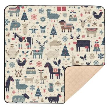 Imagem de Qilmy Tapete de Natal com estampa de animal 127 x 127 cm, macio à prova d'água para bebês e crianças, antiderrapante, lavável, cercadinho
