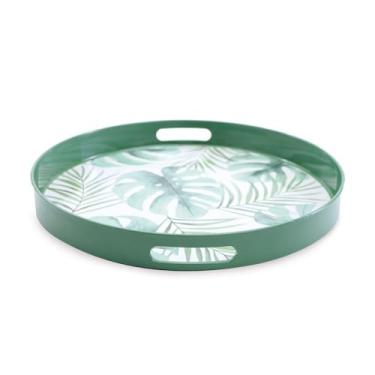 Imagem de Bandeja Redonda 35cm Estampa de Folha Verde e Branco para Servir Petiscos e Decorar