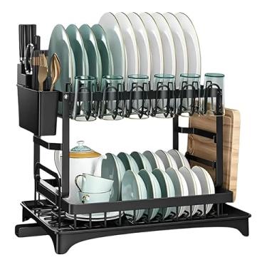 Imagem de Escorredor de Louça Completo em Aço Carbono Organizador Escorredor de Pratos Inox, Suporte para Talheres, Copos, Tábuas, Facas e Bandeja de Drenagem de Água Inteligente