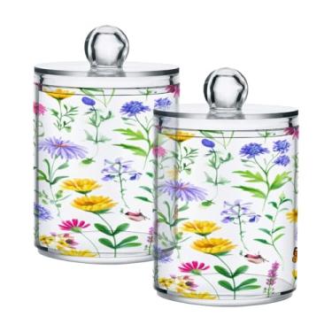 Imagem de Qilmy Pacote com 2 suportes Qtip de flores silvestres aquarela, frascos de boticário de 400 ml, vasilha organizadora de banheiro para cotonetes, bolas de algodão, almofadas de maquiagem, fio dental