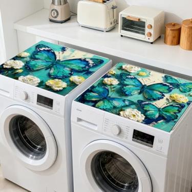 Imagem de GLOBLELAND 2 peças de capa protetora superior para máquina de lavar e secar borboleta azul verde 60 × 23,15 cm almofadas protetoras de flores antiderrapantes para máquina de lavar roupa e mesa de sala
