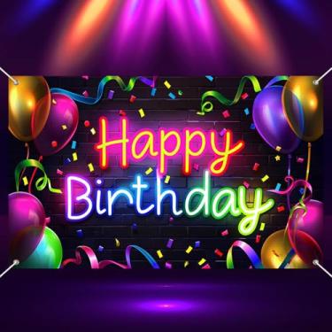 Imagem de BlissYard Banner neon feliz aniversário 188 x 109 cm fundo brilhante para decoração de festa com balões fitas de confete design de cabine de fotos suprimentos para decoração de eventos, arte de parede