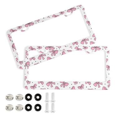 Imagem de SEHANY Lindas molduras de placa de licença de laço rosa, moldura de placa de carro de alumínio à prova de ferrugem com orifícios elípticos e parafusos serve para veículos padrão dos EUA tamanho