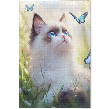Imagem de Quebra-cabeça de gato Ragdoll fofo personalizado 500 peças para adultos família presentes elefante branco quebra-cabeças legais para adultos flor pintura animal, 52 cm x 37,8 cm