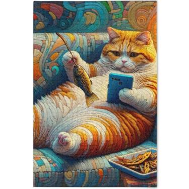 Imagem de Quebra-cabeça de gato gordo engraçado personalizado 500 peças adultos paisagem arte animal legal grande quebra-cabeças família elefantes brancos presentes, 52 cm x 37,8 cm