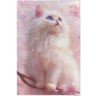 Imagem de Quebra-cabeça de gato fofo flor de cerejeira rosa 500 peças para presentes adultos para jogo de elefante branco cena personalizada natureza quebra-cabeça pintura animal arte, 52 cm x 37,8 cm