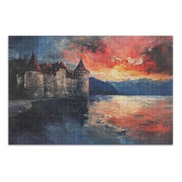 Imagem de Quebra-cabeça Chateau Sunset Reflection Red Puzzle 500 peças adulto, com letras na parte de trás, quebra-cabeças para adultos 1000 peças