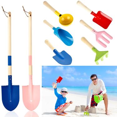 Imagem de 8 peças de ferramentas de areia de praia para crianças, colher de praia, espátula, ancinho, garfos, pá plana e pontiaguda, baldes de escavação de areia com cabo de madeira resistente para uso em