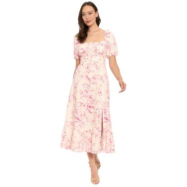 Imagem de London Times Vestido midi feminino romântico floral gola quadrada manga bufante para convidados de casamento e festa no jardim, Rosa marfim/framboesa, 48