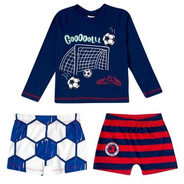 Imagem de Conjunto Praia Infantil Menino Proteção UV Camiseta e 2 Sungas Football Marinho Tip Top-Masculino
