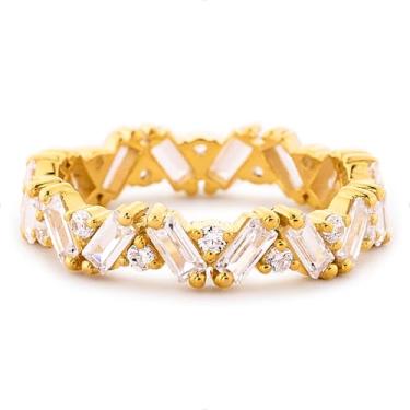 Imagem de STORYJEWELLERY Anéis de aliança eternidade com corte esmeralda para mulheres, anéis de casamento empilháveis banhados a ouro 18K, anel baguete de zircônia cúbica, alianças de viagem CZ para mulheres