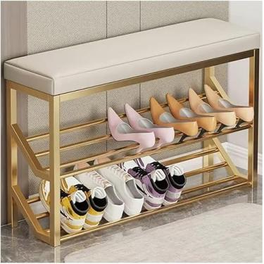 Imagem de Sapateira banco de 2 níveis armazenamento de sapatos com assento banco de entrada industrial prateleiras de armazenamento de metal organizador banco de entrada suporte de sapato para hall de entrada