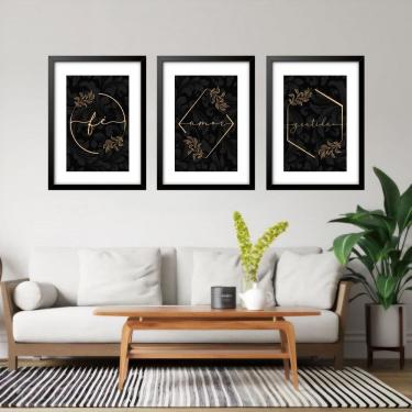 Imagem de Kit 3 Quadros Grandes Dourado Fé Amor Gratidão 60X48Cm