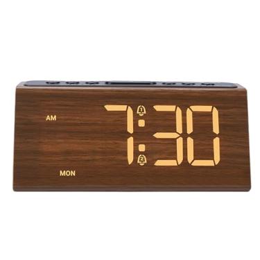 Imagem de Asixxsix Relógio despertador digital de madeira, Relógio de alarme alto LED Dimmable com grandes números, de mesa elétrico USB com volume ajustável e função Snooze para casa (Castanho Escuro)