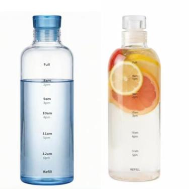 Imagem de LCUQOTI Garrafa esportiva de plástico de 740 ml, garrafa de água com marcador de tempo, garrafa esportiva à prova de vazamento para academia, escola, escritório, viagens (azul + transparente 740 ml)