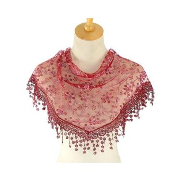 Imagem de Lenço Triangular Feminino 125x36cm Com Borlas, Bordado Floral Em Renda