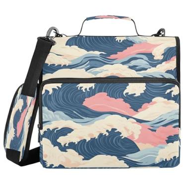 Imagem de SEHANY Fichário japonês Seawave com alça de ombro, capacidade para 500 folhas, vários bolsos, 3 cm, 3 anéis Trapper Keeper