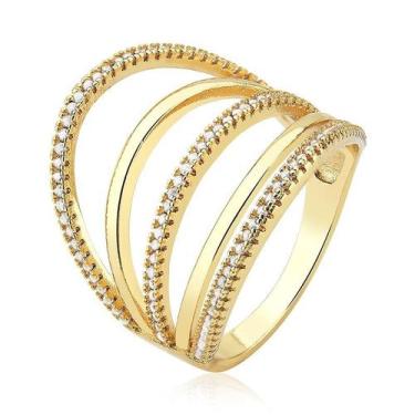 Imagem de Anel Cinco Aros Lisos e Cravejados Folheado a Ouro 18k - Maise Joias, 