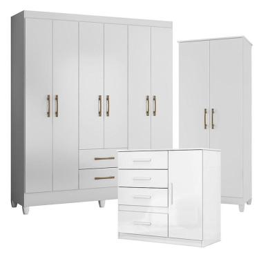 Imagem de Guarda Roupa Casal Panamá 6 Portas 2 Gavetas MDP Branco Brilho com Cômoda e Armário Multiuso Moval