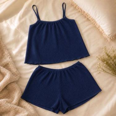 Imagem de Pijama Feminino Short Doll Cropped Suede Canelado Alça Macio - Beleza 