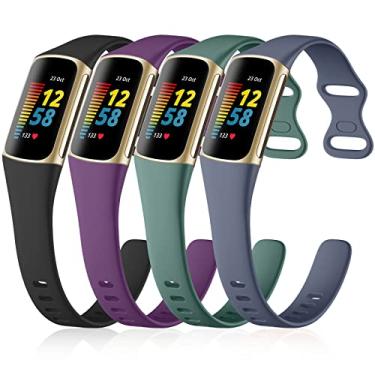 Imagem de GEAK Pacote com 4 pulseiras finas compatíveis com Fitbit Charge 5/Charge 6, mulheres e homens, pulseira esportiva de silicone macio para Fitbit Charge 5/Charge 6, preta/ameixa/azul cinza/verde-pinho
