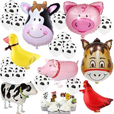 Imagem de Pacote com 20 balões de caminhada para chá de bebê, artigos de decoração de festa de aniversário – Topo de cupcake de fazenda, porco/vaca/burro/frango/pato, balão de látex de 30,5 cm