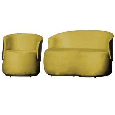 Imagem de Kit 1 Poltrona e 1 Namoradeira Orgânica Beatriz Veludo Composê Corino Preto - Estopar