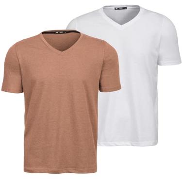 Imagem de Kit 2 Camisas Camisetas Slim Fit Masculina Básica Gola V (BR, Alfa, P, Regular, Bege e Branco)