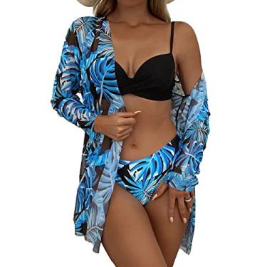 Imagem de Biquíni Feminino de 3 Peças, maiô Feminino de Alta Elasticidade Estampa Floral Respirável Com Saída para Praia (L)