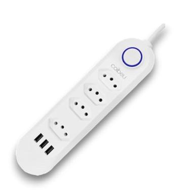 Imagem de Régua Extensão Elétrica Filtro de Linha Tripolar 4 Tomadas 3 Usb, 10 Amperes, Cabo 2 Metros, Bivolt, Botão Liga/Desliga