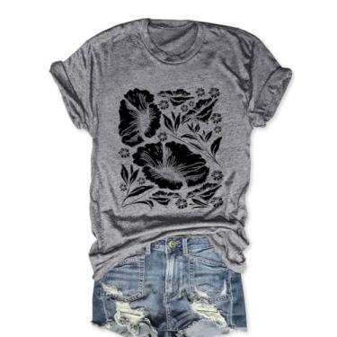 Imagem de Camiseta feminina vintage com flores silvestres engraçadas, estampa de plantas, camisetas de manga curta, K - Cinza, M