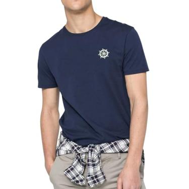 Imagem de Camiseta masculina básica clássica de manga curta bordada com roda náutica masculina, Azul marino, XXG