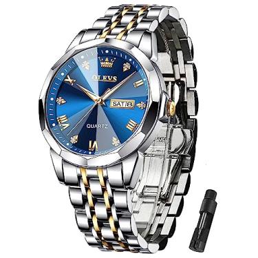 Imagem de OLEVS Relógio masculino de aço inoxidável, analógico, quartzo, para homens, data, data fácil, diamante, à prova d'água, vestido luxuoso, clássico, casual, mostrador grande, azul/preto/ouro/prata