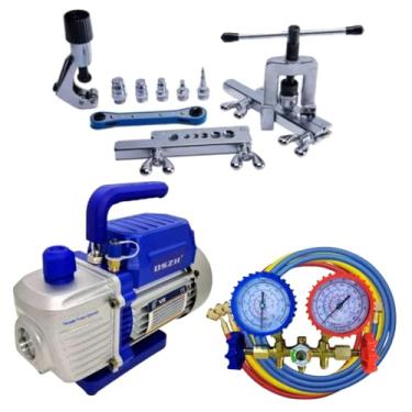 Imagem de Kit Refrigeração Ar Condicionado com Bomba Vácuo 1.8 CFM Simples Manifold e Flangeador com Alargador