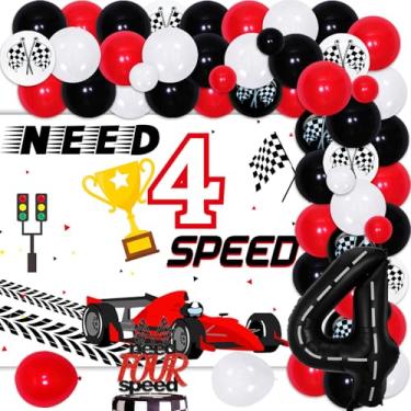 Imagem de Need Four Speed Birthday Party Decorations, Racing Car 4th Birthday, Red Black Balloons Arch Garland Kit with Need 4 Speed Backdrop Cake Topper for Boy Race Car 4 Year Old Party Supplies