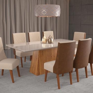 Imagem de Mesa de Jantar Retangular 200x90 Haven com 8 Cadeiras em Madeira Maciça Topazio Mel/Off Whiti/ Durango