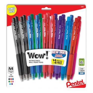 Imagem de Pentel WOW! Canetas esferográficas retráteis, linha média, cores de tinta sortidas, pacote com 18 (BK440BP18M)