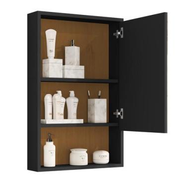 Imagem de Espelheira Gaia Armário Aéreo Para Banheiro - Preto/Madeira - Emes Móv