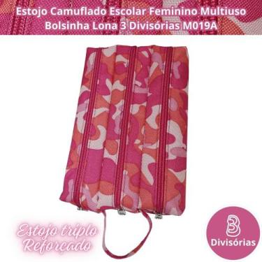 Imagem de Estojo Camuflado Escolar Feminino Multiuso Bolsinha Lona 3 Divisórias 