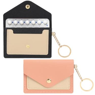 Imagem de Pacote com 2 capas para pílulas anticoncepcionais, pacote com 10 x 7 cm, carteira de couro PU, porta-pílulas, proteção de privacidade, controle de natalidade, com chaveiro para organizador de cartões