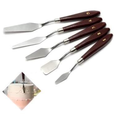 Imagem de LSYXOS 5Pcs Aço Inoxidável Bolo Creme Espátula Cobertura Assando Pastelaria Ferramenta Pá Bolo Pintura Raspador Decoração Espátula Mistura Conjunto Bolo Cobertura Óleo Pintura Crem (5 Peças, Marrom)