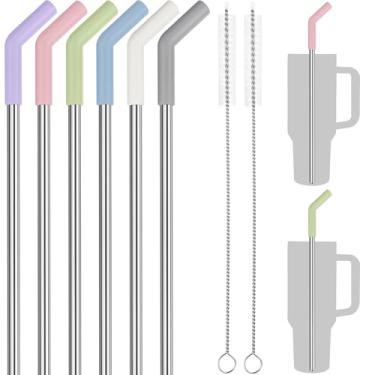 Imagem de Tomorotec Canudos de 1,134 g, canudo de aço inoxidável de 33 cm com ponta extensora de silicone para Stanley Adventure Quencher Tumbler pacote com 6 com 2 escovas, canudos de 0,9 cm de diâmetro, grau
