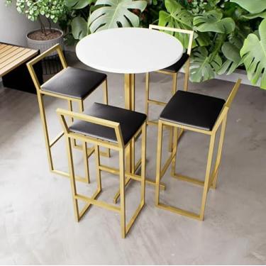 Imagem de Jogo Mesa Alta Bistrô Redonda Branca 4 Banquetas Estofado Confort Industrial Dourado (Preto)