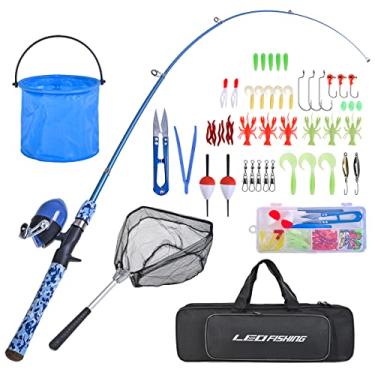 Imagem de LEOFISHING Conjunto De Vara De Pesca Infantil Com Kits Completos Para Iniciantes Vara De Pesca Telescópica Portátil E Carretel Spincast Com Rede De Pesca E Balde Para Meninos, Meninas E Jovens (Azul)