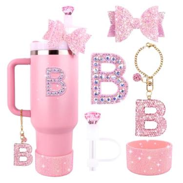 Imagem de Lingdeer Conjunto de acessórios rosa para Stanley Cup 850.5 g 1,134.0 g, pingentes de letras brilhantes, capa de palha de diamante, bota de silicone com glitter, adesivo personalizado, enfeite de