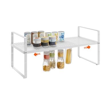 Imagem de DPZM Prateleiras de armário empilháveis expansíveis de 41 a 69 cm, organizador de prateleira de armário ajustável para cozinha, bancada, despensa e armário, branco